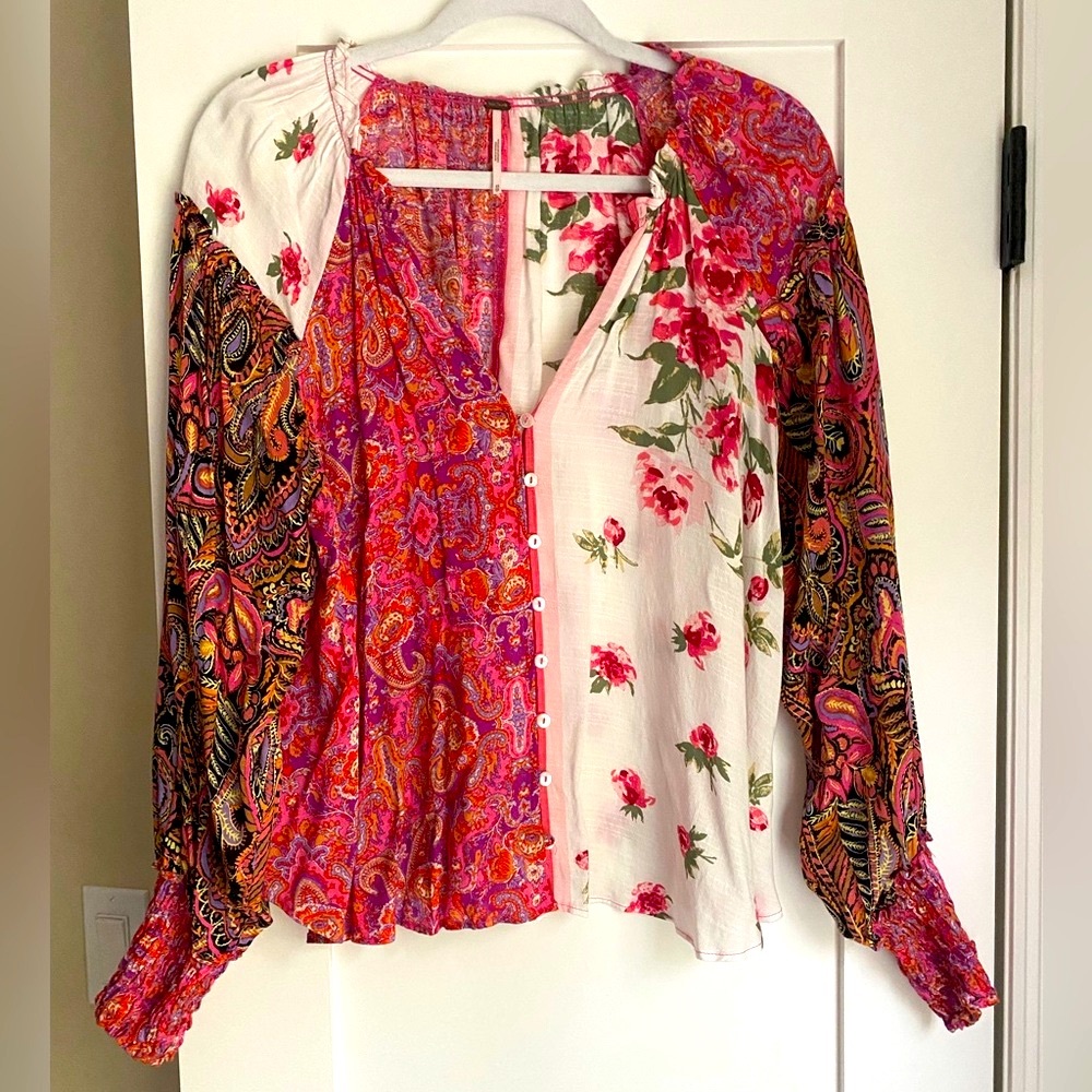 Free People Babydoll Multicolor Floral Festival Boho Size XS Blouse Cottagecore - Picture 2 of 7
